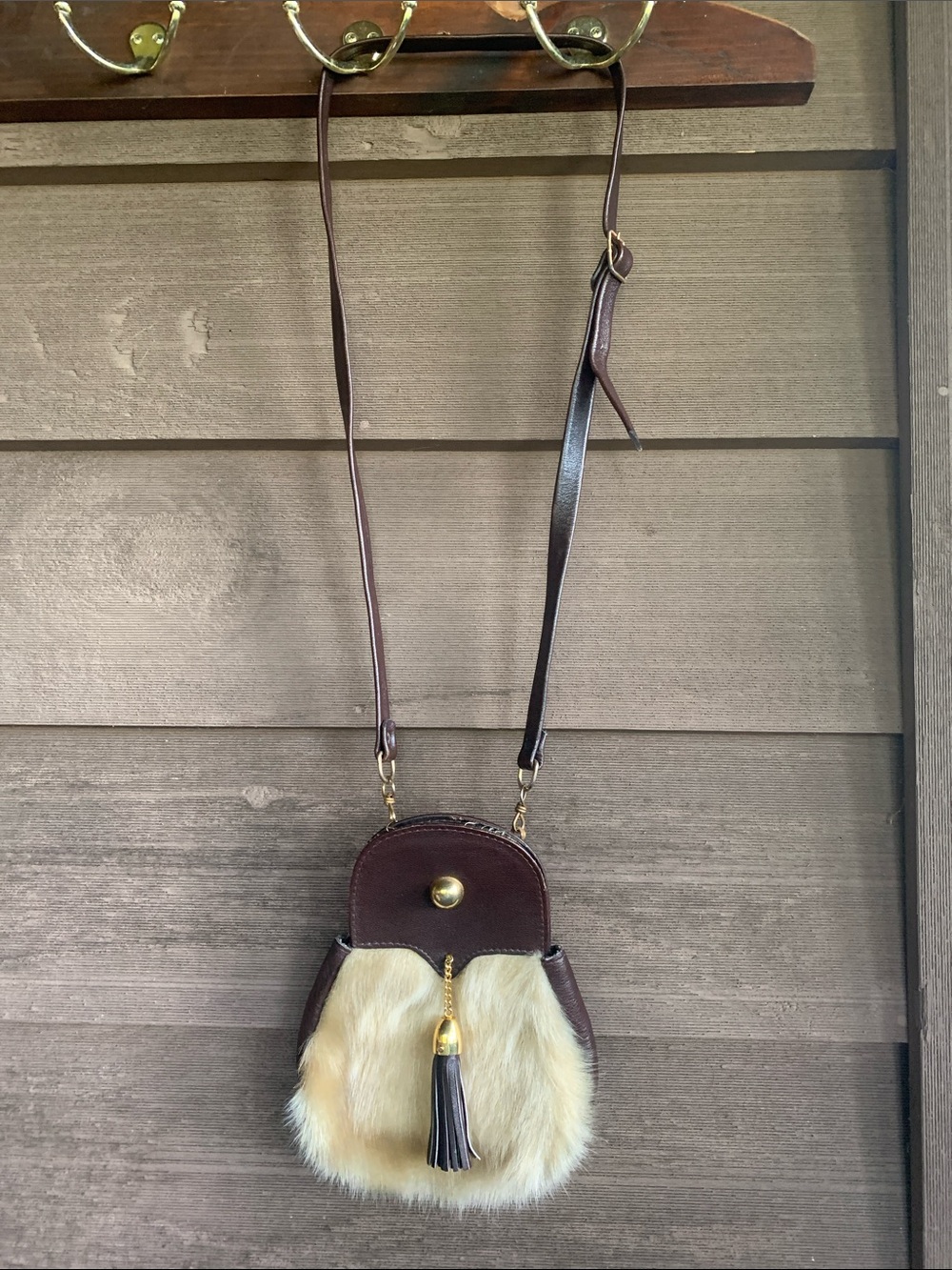 Brown Leather and Cream Fur Crossbody Bag with Tassel Accent